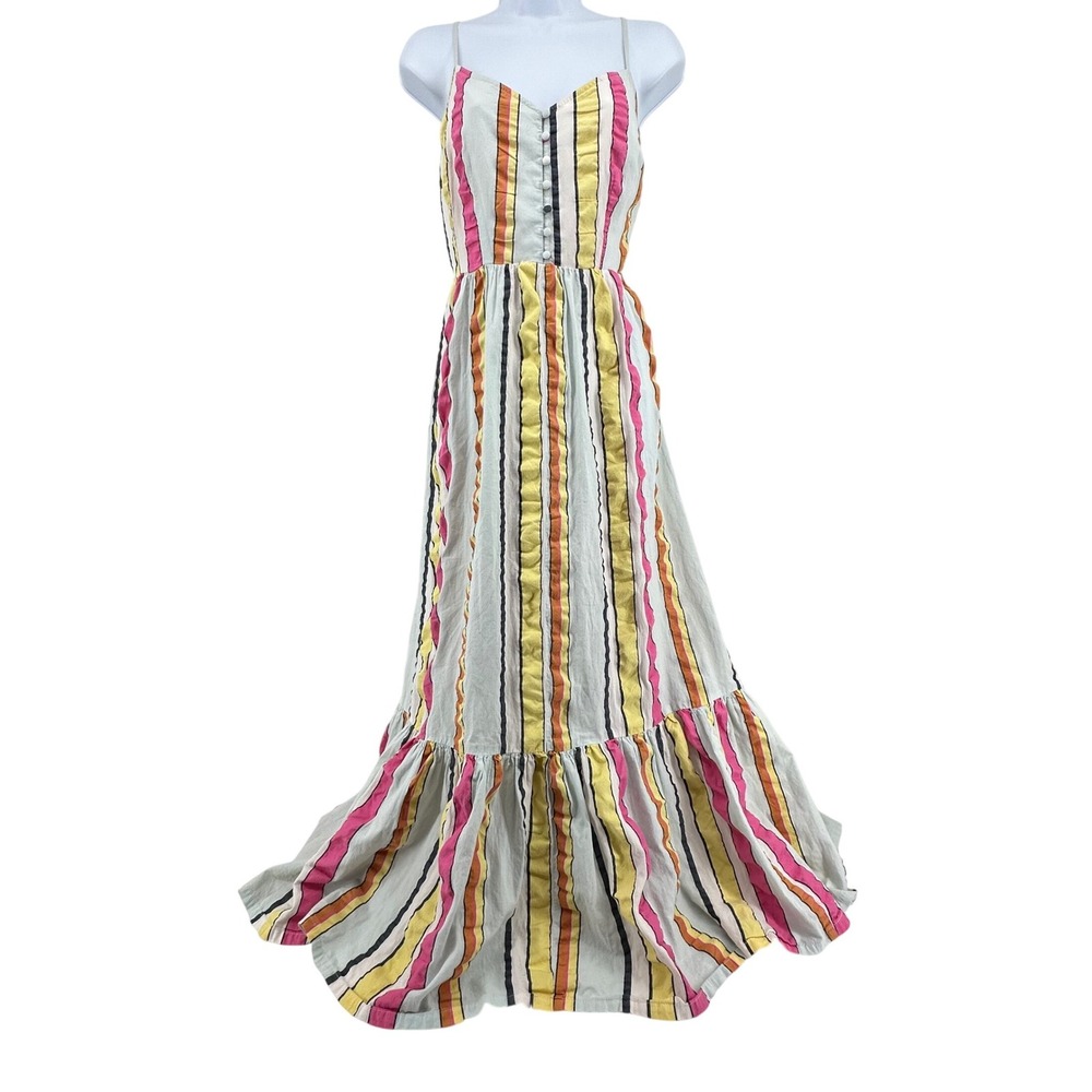 J.Crew Striped Maxi Dress 10 Multicolor Tiered Cotton Button Top Smocked Back